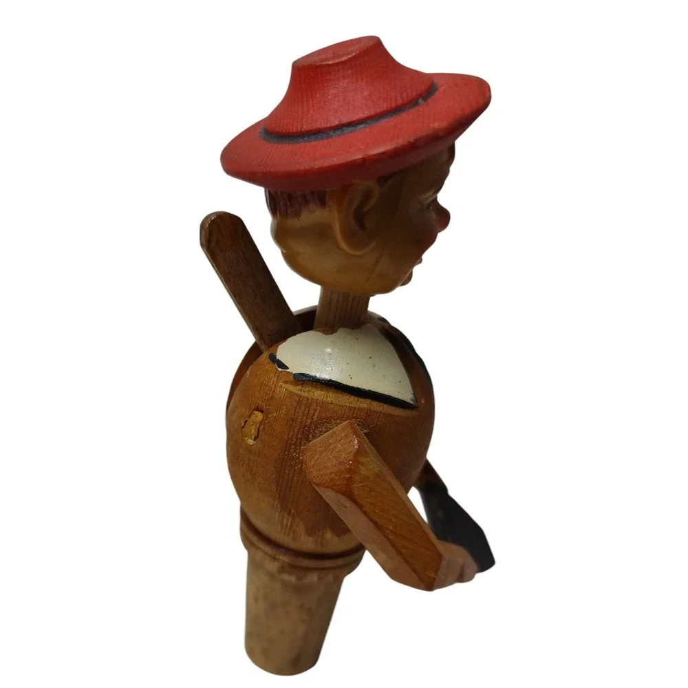 Vintage Wooden Wine Bottle Topper Hand Carved Painted Made In Italy‎ Back Lever